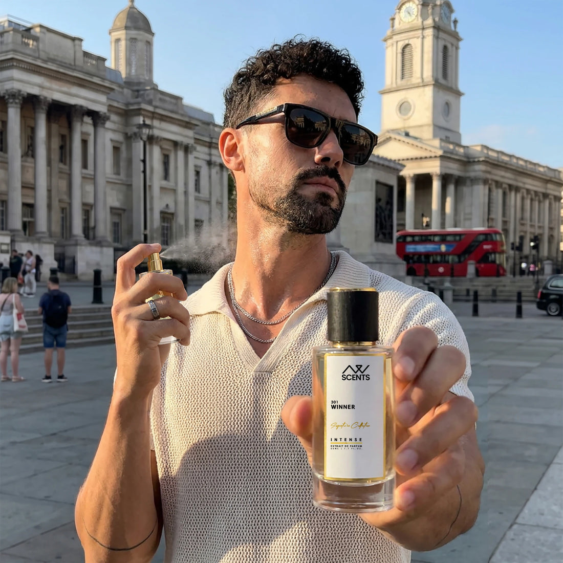Man applying AW Scents perfume outdoors
